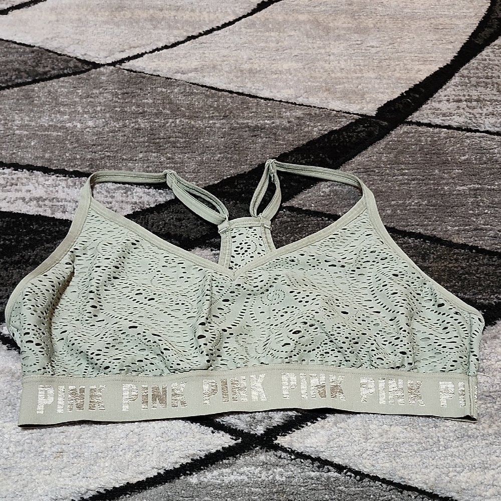 VS PINK SPORT LACE/MESH OLIVE HAZE SHINE LOGO BAND RACERBACK SPORTS BRA